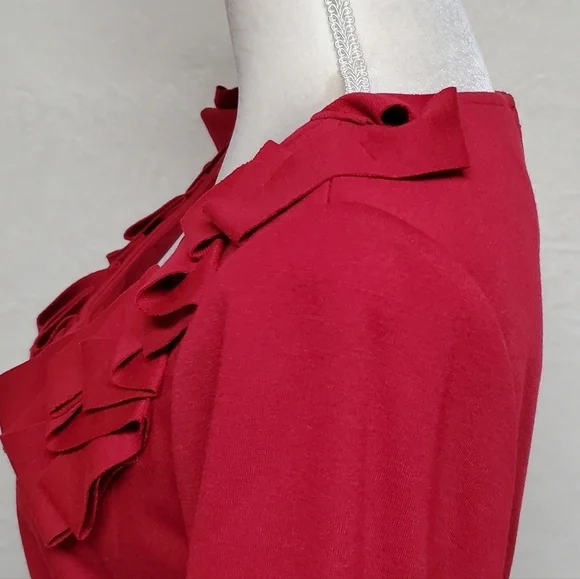 Retro Julian Taylor Red Front Ruffle Scoop Neck Belted Short Sleeve Midi Dress - Picture 9 of 15